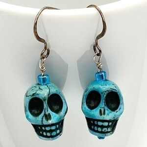 Turquoise Blue Stone Skull Dangle Hook Earrings